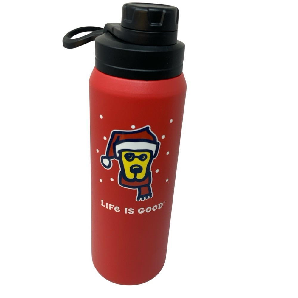 LIFE‎ IS GOOD 26 oz Stainless Steel Water Bottle Wide Mouth Red Dog Winter Snow